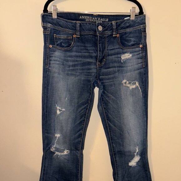 American Eagle Kick Boot Jeans Women’s Size 12 Long | Super Stretch Distressed - Picture 1 of 6